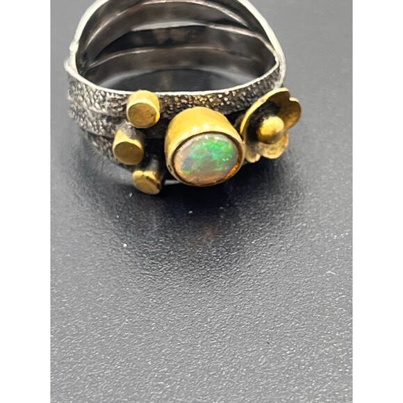 Artisan Pebbled Sterling Silver and Brass 6mm Opal Cabochon Floral Ring Sz 9 - Picture 11 of 11